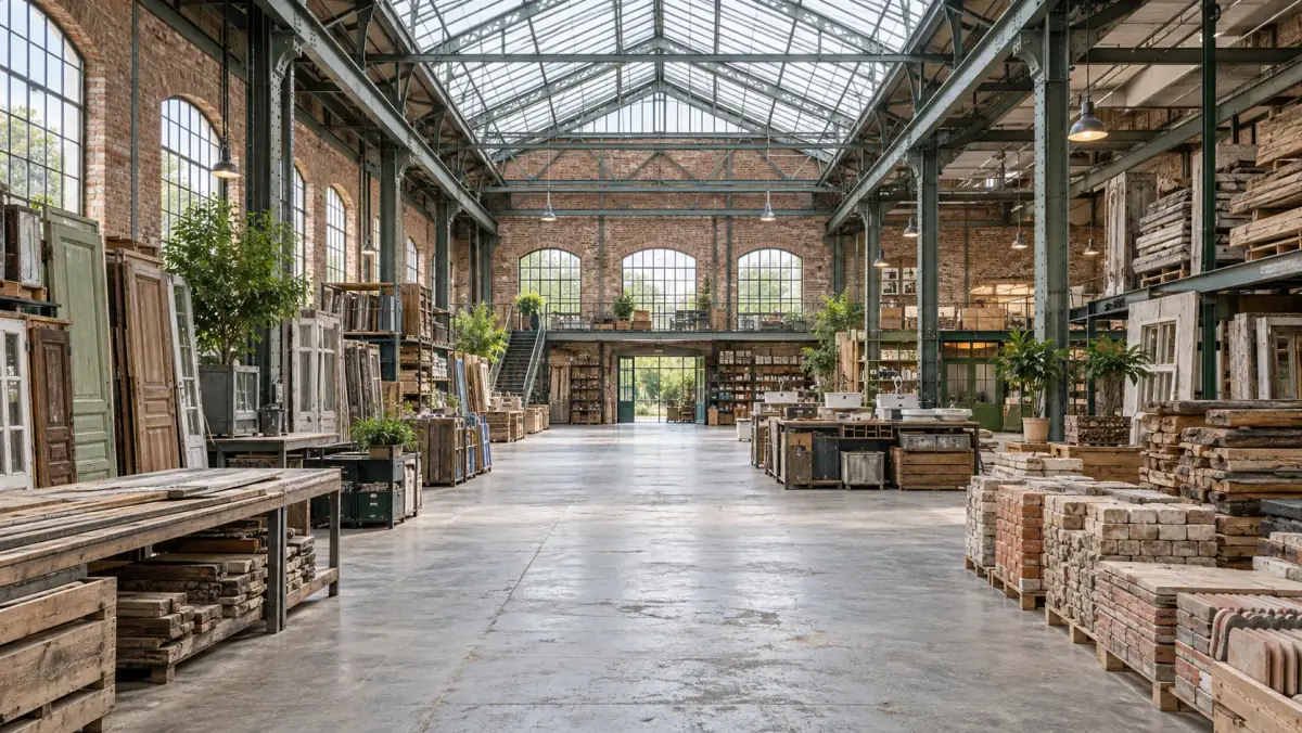 Image d'illustration : grande halle de matériaux de réemploi sous verrière, portes anciennes, bois et briques sur palettes