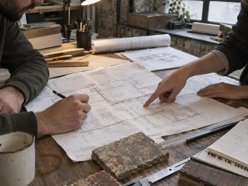 Deux personnes penchées sur des plans de bâtiment, échantillons de briques et de bois de réemploi sur la table