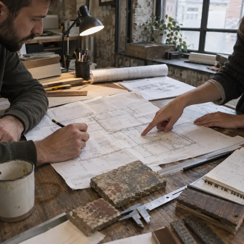 Deux personnes penchées sur des plans de bâtiment, échantillons de briques et de bois de réemploi sur la table
